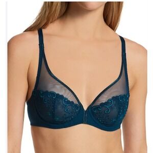 NWT Simone Perele 34D Delice Sheer Plunge Bra 12X319 Blue 117902
